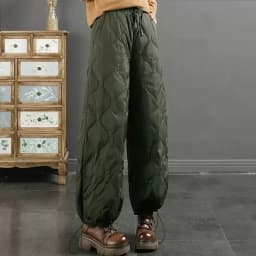 Women Winter Warm Down Cotton Pants Padded Quilted Trousers Elastic Waist Bloomers Solid Color Female Casual Wide Leg Sweatpants