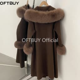 OFTBUY New Winter Warm Hood Solid Woolen Overcoat for Women Long Wool Blend Coat Women Real Fox Fur Belted Waist Jacket Female