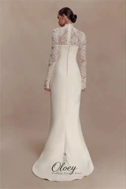 OLOEY Modern High Neck Long Lace Sleeve Wedding Dresses For Woman Satin Mermaid With Train Outdoor Bridal Gown Customized