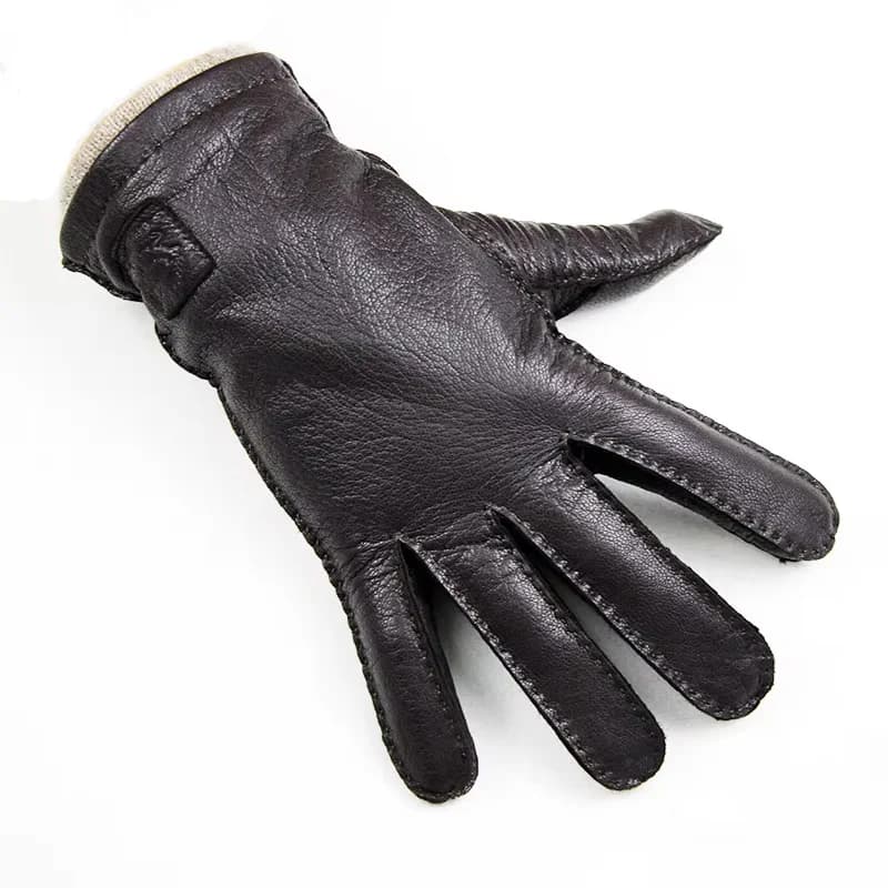 Deer Skin Gloves Men's Touch Screen Dark Brown Genuine Leather Retro Style Autumn and Winter Warm Motorcycle Riding Gloves