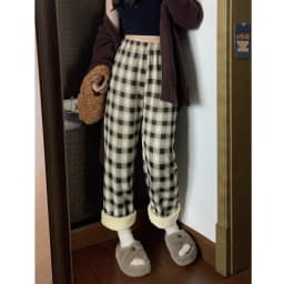 Afashion Lamb Velvet Fleece Lined Thick Plaid Casual Pants Women's Autumn Winter Loose Straight Leg Wide Leg Cotton Sleepwear Tr