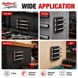 Rafford 3-Slot Magnetic Bit Holder — Self-Adhesive Screwdriver Bit Organizer for Power Drills and Metal Surfaces
