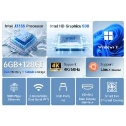 BMAX B1 Plus Windows 11 MINI PC Intel J3355 6GB RAM 128GB ROM HDMI USB Wi-Fi Supports 4K@60Hz Intel HD Graphics 500 mini pc