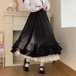 Korean Style Black White Half Skirt Female Long Skirts Japanese Solid Color Double Layer Vintage French Ruffled A-line Skirt
