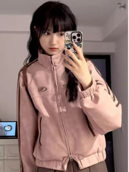 Short Suede Jacket Double Zipper Loose American Retro Jacket for High School Students Pink Autumn Winter Girls Outerwear
