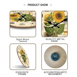 1pc Retro Wood Wall Clock, Two Sunflower Flower Design Wall Clock, Non-Ticking Silent Wall Clock, Home Living Room Decoration