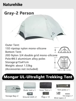 Naturehike Mongar UL Ultralight Backpacking Tent 15D Nylon Waterproof Hiking Tent 1/2 Person Riding Travel Trekking Shelter Tent