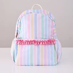 Rainbow Striped Backpack Light Colored Schoolbag With Adjustable Shoulder Straps And Pink Pleated Lace Design Fashion