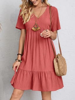 Elegant Solid V Neck A Line Dress 2024 New Summer Ruffles Loose Mini Dress Casual Short Sleeve Beach Party Vestidos Streetwear