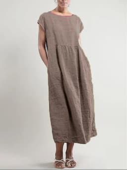 Women Elegant Solid Maxi Dress Summer Short Sleeve O Neck Vintage Harajuku Cotton Linen Loose Sundress Y2K Pockets Long Dress