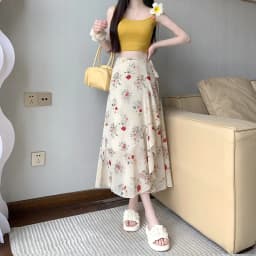 High Waist A-Line Floral Print Chiffon Halter Neck Dress Women's Summer New Style Belted Wrap Skirt Casual Polyester Fiber