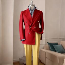 Timeless Men's Navy Blue Double Breasted Suit Summer Breathable Casual 2Piece Set Jacket+Yellow Linen Pants Wedding Groom Attir