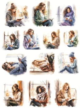 Comfortable Windows for Girls Reading Books and Drinking Coffee Paper Stickers - DIY Planner Decoration Material,Scrapbooking