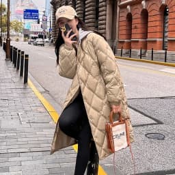 2025 Autumn Winter New Down Cotton Jacket Women's Long Over Knee Loose Jacket Diamond Grid Quilted Jacket Fake Two-Piece Parka