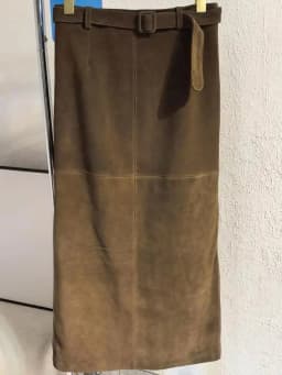 Retro Ladies Solid Color Genuine Leather Suede Long Skirts 88cm High Waist Belt Sheepskin Handmade Knee Length Skirt Vintage