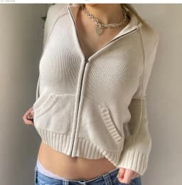 Women’s Full Zip Knit Hoodies Casual Sweaters Solid Color Long Sleeve Drawstring Sweatshirts Cardigan Zip-up Clothing Y2K