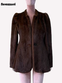 Nerazzurri Winter Short Brown Thick Warm Soft Fitted Faux Mink Fur Coat Women Single Button Elegant Luxury Chic Fluffy Jacket