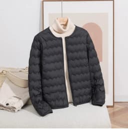 LANMREM Women Crew Neck Lightweight Short Down Jacket Wave Quilted Zipper Closure Portable Inner Wear Puffer Outerwear Coat