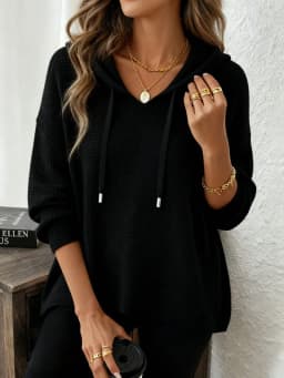 Women's New V Neck Henley Hooded Pullover Sweatshirt Drawstring Long Sleeve Loose Fit Trendy Casual Office Daily Wear Hoodie Top