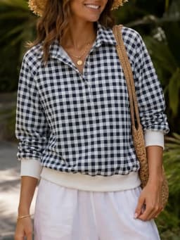 2026 Women Black White Gingham Blouse Lapel Collar Half Button Lantern Long Sleeve Loose Casual Plaid Shirt Tops