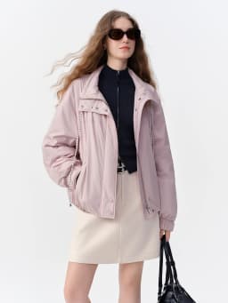 DUSHU Women Windproof Warm Pink Down Jacket with Elastic Hem 2026 Winter New Loose Fit Stylish Outerwear White Duck Down Filled