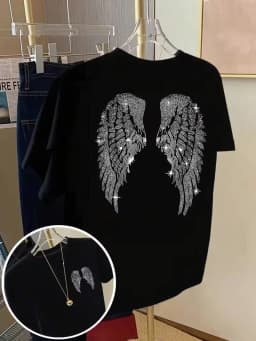 Angel Wings Hot-Pressed Print T-Shirt, Front & Back Design, Casual Unisex Crew Neck Short Sleeve, Versatile Summer Daily Top