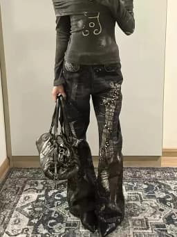 Large American Hot Girls Snake Skin Printing Patchwork Denim Pant New Slim Straight Slight Flare Gothic Punk Black Long Trousers
