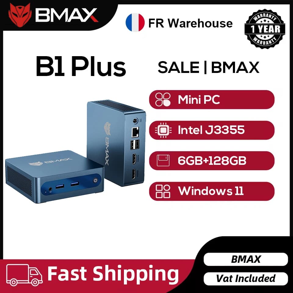 BMAX B1 Plus Windows 11 PC Intel J3355 6GB RAM 128GB ROM HDMI USB Wi-Fi Supports 4K@60Hz Intel HD Graphics 500 mini PC