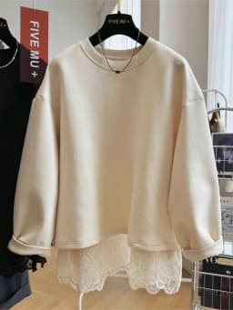 New Style Lace Splicing Fake Two-piece Pullover O Neck Sweatshirt For Women Spring Autumn Loose Top Fashion Casual Solid Hoodie