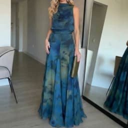 Elegant Blue Ombre Tie-dye Printed Off Shoulder Maxi Dress Satin Cowl Neck Tie Draped Dresses Party Wedding Luxury Evening Gowns