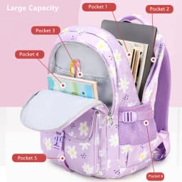 Large Capacity School Backpack for Girls Elementary Middle School Bags Purple Bookbag Student Flower Backpack with Many Pockets