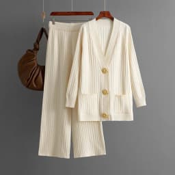 Autumn/winter Casual Women's Knitted Pants Set V-neck Long Sleeved Single Breasted Knitted Sweater Cardigan+ Wide Leg Pants