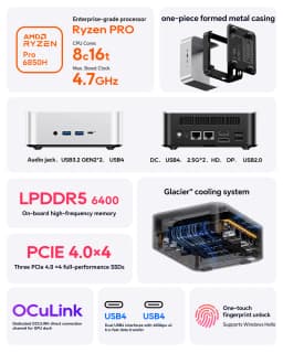 Aoostar Maco 6850H Mini Pc, Amd Ryzen 7 Pro 6850H 8C16T, 24Gb Lpddr5, 1Tb Pcie 4.0 Ssd, Hdmi+Dp+Usb4, Wifi 6, 2.5g Lan, Windows 11 Pro