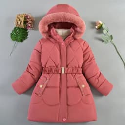 2024 New Winter Keep Warm Girls Jacket Waist Belt Design Detachable Hat Lining Plush Hooded Heavy Coat For Kids
