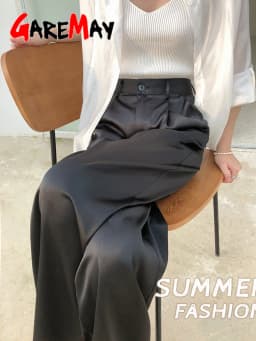Garemay Summer Autumn Women's Pants Loose Solid Classic Black Straight High Waist Casual Silk Satin Wide Leg Trousers for Women