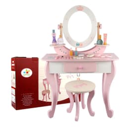 Kids Wooden Vanity Table Set with 3 Mirrors & Chair, Girls Pretend Play Dressing Table with Makeup Accessories