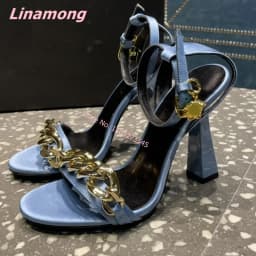 Round Toe Luxury Design Sandals 2024 Summer New Women Solid Thin High Heel Leather Sexy Luxury Metal Chain Wedding Party Shoes