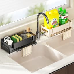 Space-Efficient Kitchen Sink Caddy: Multi-Use Drain Rack & Detachable Holder for Dish Sponges, Cloths, Brushes | Easy to Clean