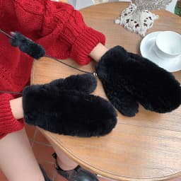 Women's Winter Real Rex Rabbit Fur Gloves Warm Thick Ladies Fur Mittens Elastic Girls Ski Glove Mitts Elastic Soft With String