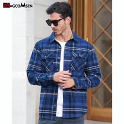MAGCOMSEN Men's Cotton Flannel Shacket Plaid Shirt Long Sleeve Corduroy Collar 2 Chest Pockets Casual Work Overshirt Outdoor