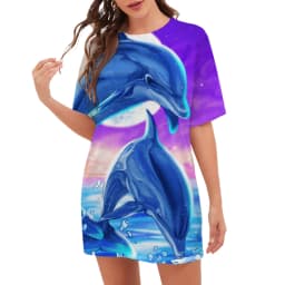 Whale Dolphin 3D Print Dress Summer Scenery Beach Style Ocean Vegan Dress Oversized Women Casual Short Sleeve Graphic Dresses