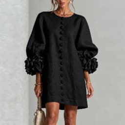 Elegant Solid Dresses Women Round Neck Lantern Sleeve 3D Flower Cuff Decorative Button Loose Short Dress Casual Streetwear Dress
