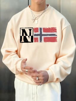 N Artistic Characters And Flag Print Pullover Men Autumn Loose Hoody Casual Fleece Soft Sweatshirt All-Match O-Neck Long Sleeve