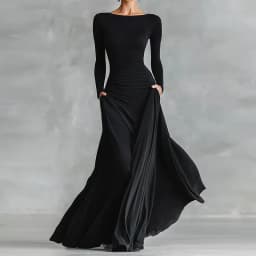 New Long Sleeve Patchwork Chic Maxi Dress, Spring Autumn Women Skew Collar Fashion Party Dress, 2026 Elegant Simple Ladies Dress