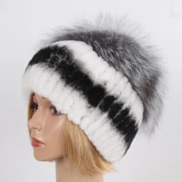 Women's Winter Warm Genuine Fur Hat Scarf Set Real Rex Rabbit Fur Cap with Silver Fox Scarves 2-Piece Natural Fashion Accessory
