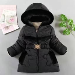 2024 New Winter Keep Warm Girls Jacket Waist Belt Design Detachable Hat Lining Plush Hooded Heavy Coat For Kids