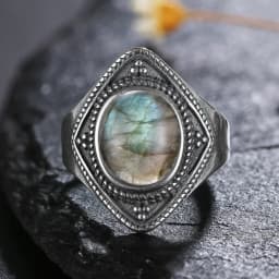 Silver Ring for Women Oval Round Natural Labradorite Ring Gift Sun Shaped Retro Luxury Fine Jewelry
