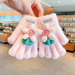 Kids Lace Bow Plush Full Finger Gloves For Girls Cute Flower Bud Decor Girls Winter Warm Windproof Faux Mink Fur Kawaii Gloves