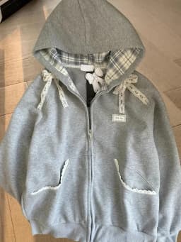 Korean Style Gray Lace Patchwork Hoodies Women Cute Bow Long Sleeve Sweatshirt Japan Sweet Loose Long Sleeve Female Outwear
