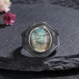 Silver Ring for Women Oval Round Natural Labradorite Ring Gift Sun Shaped Retro Luxury Fine Jewelry